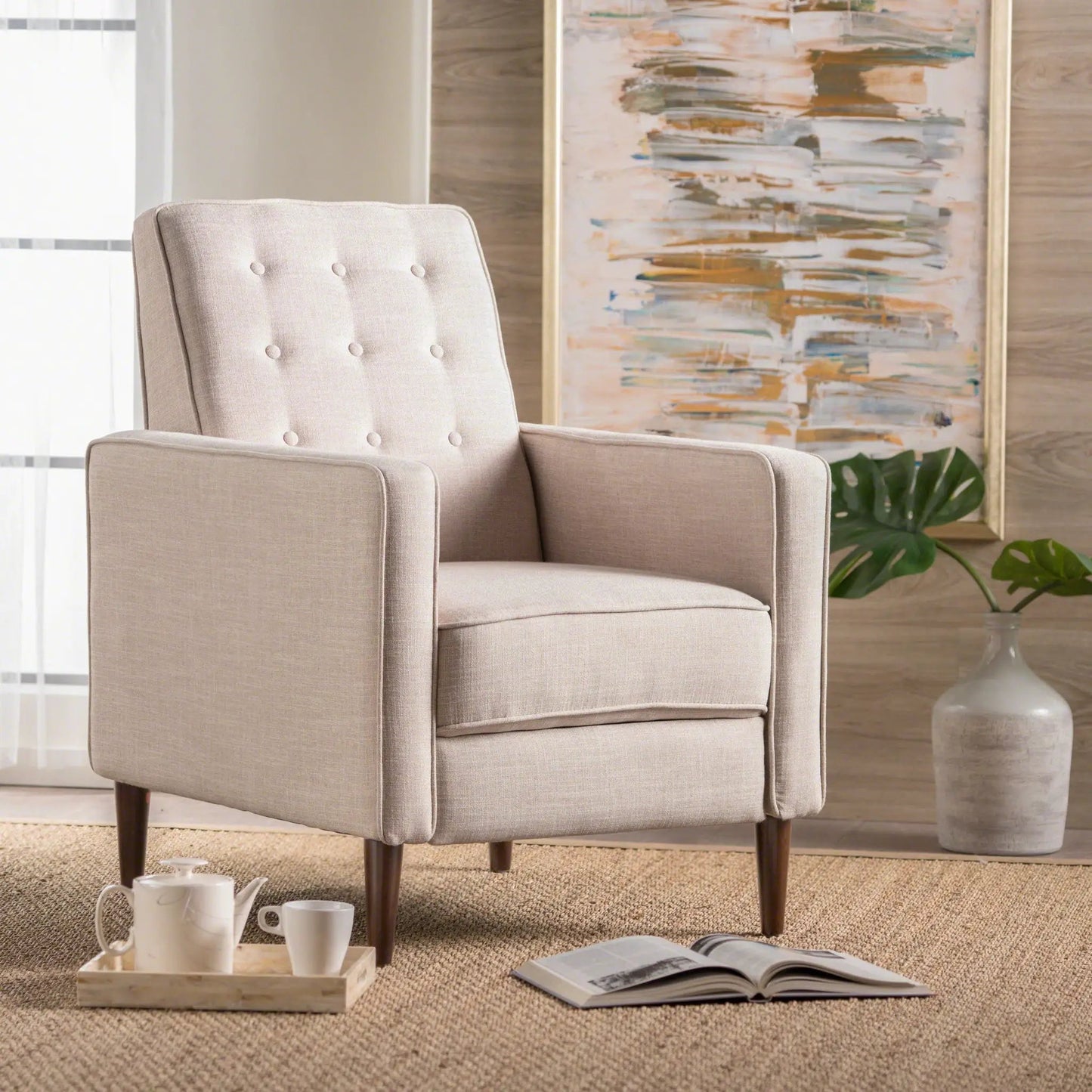 Mid-Century beige fabric recliner with button tufting and waffle stitch, dark wood legs on Tampa Home & Garden Store