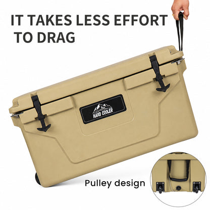Khaki 65QT heavy-duty ice cooler box with pulley design and Hard Cooler patch on Tampa Home & Garden Store
