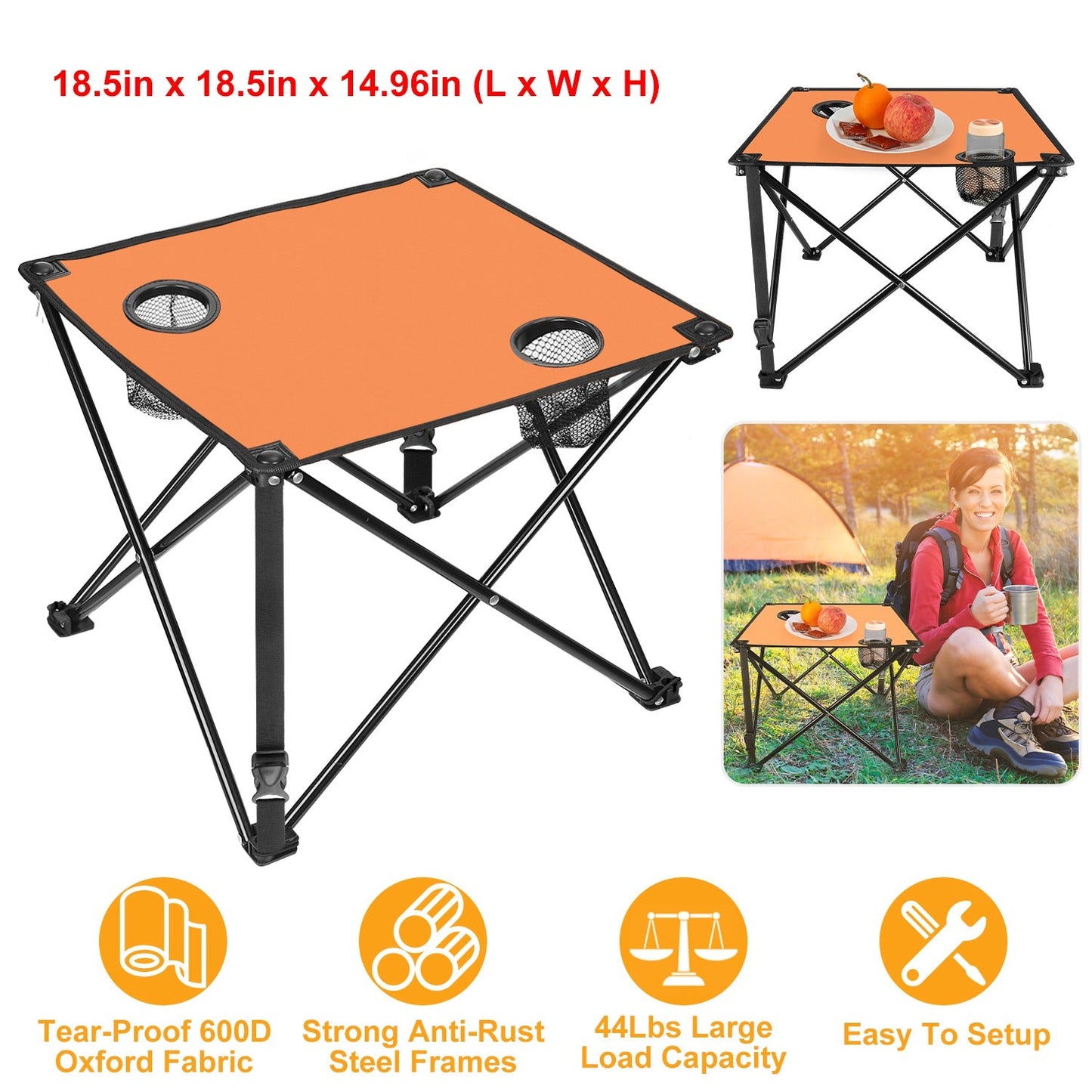 GemGear 2-piece foldable camping table set with orange tops, black steel frames, 2 cup holders on Tampa Home & Garden Store