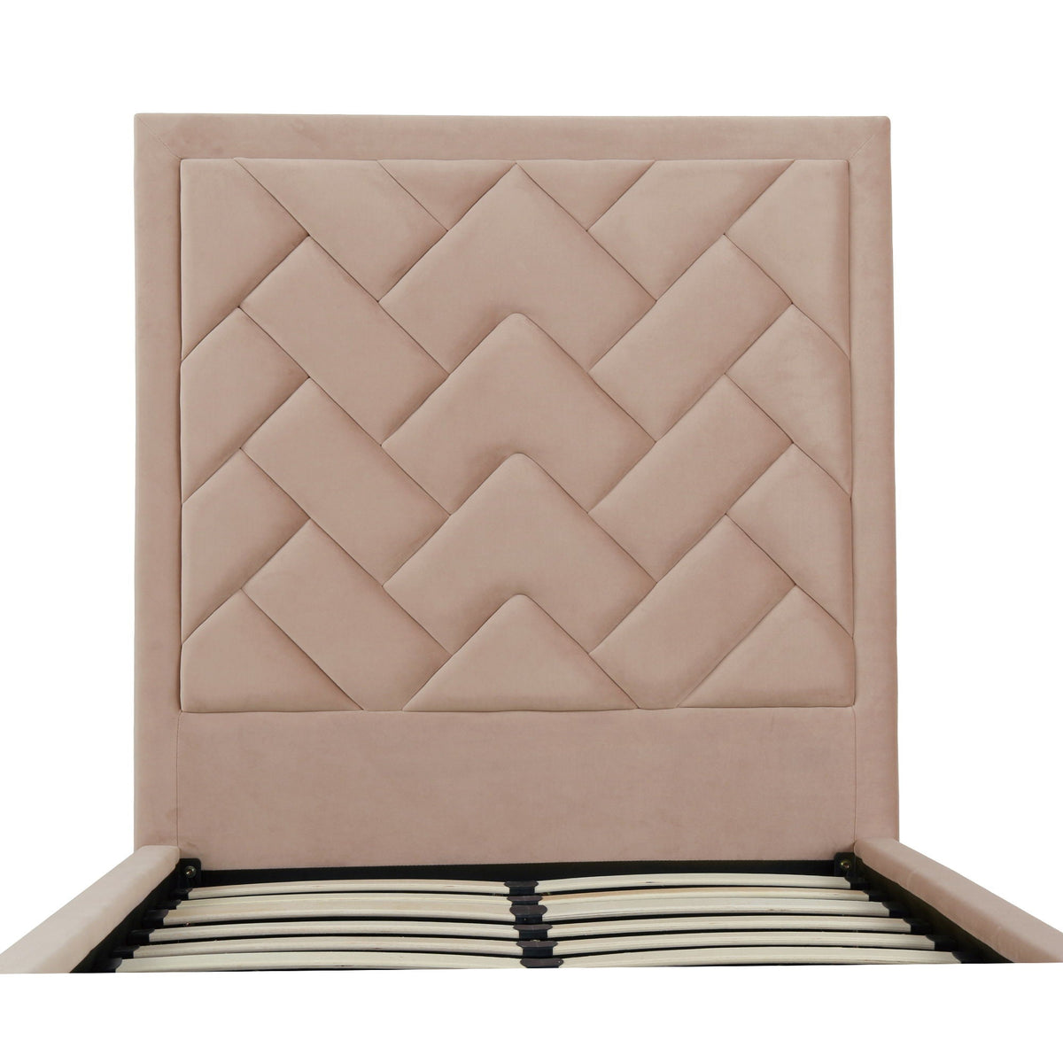 Crosby upholstered bed by HouseOfZazla with blush pink tufted headboard and slatted foundation on Tampa Home & Garden Store