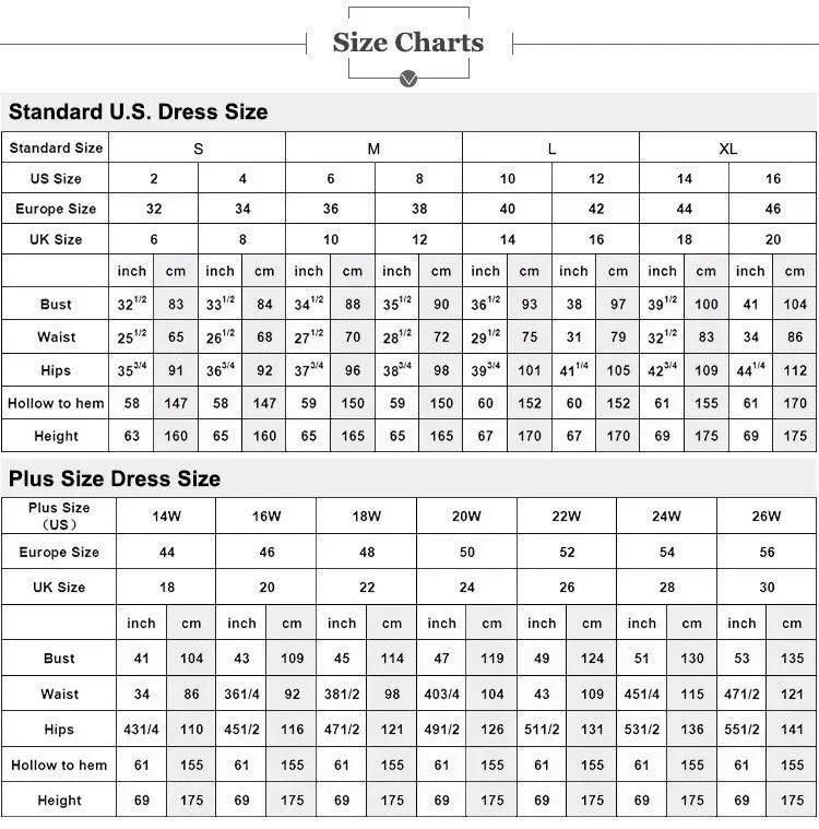 Mermaid wedding dresses with 3D lace appliques size chart showing standard US and plus sizes on Tampa Home & Garden Store