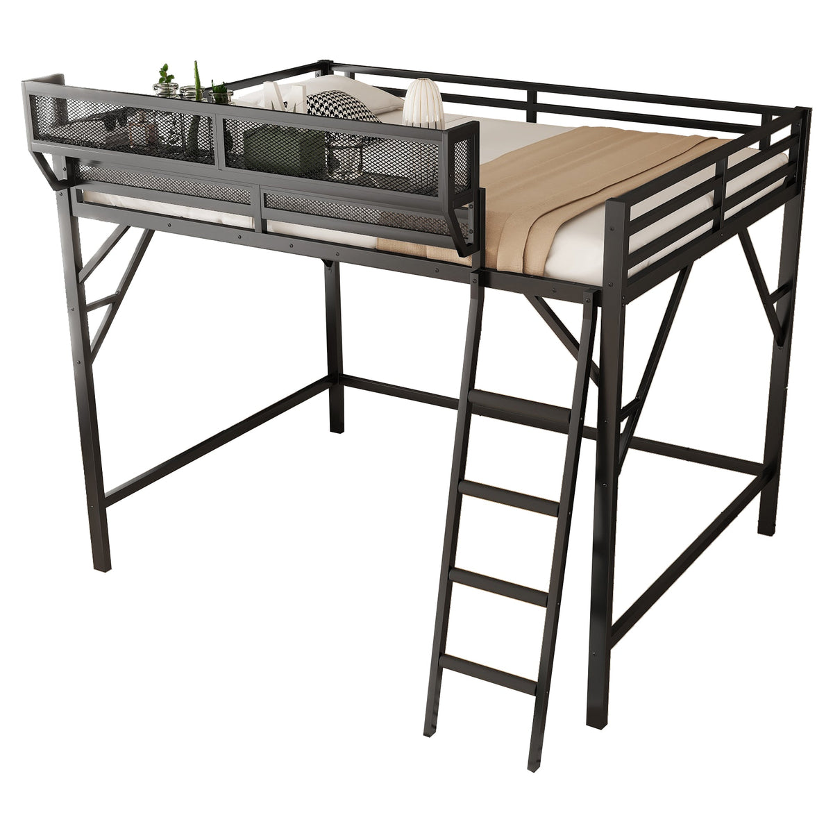 Full size loft bed with ladder and storage shelves, dark gray metal frame with mesh panels on Tampa Home & Garden Store