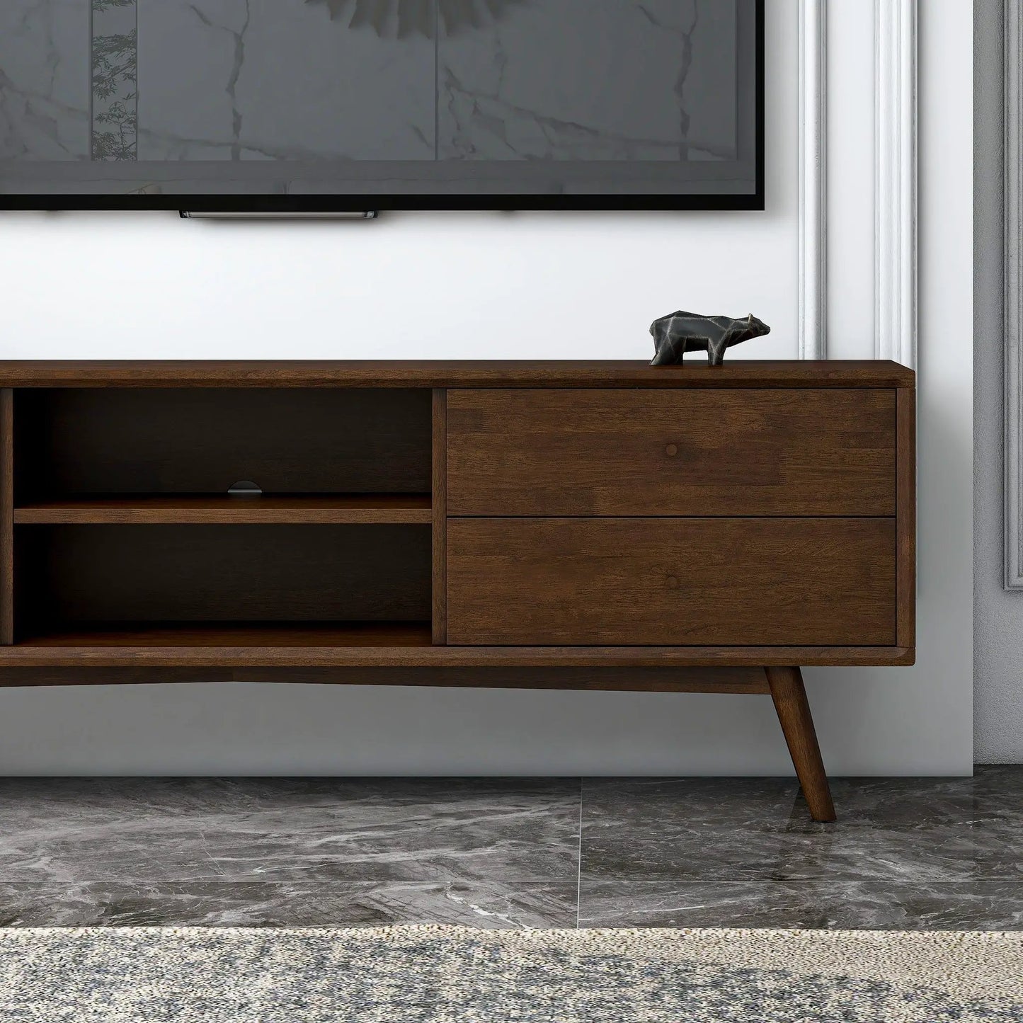 Caroline modern TV stand up to 72in with dark walnut finish, open shelf and two drawers by Unique Piece Furniture on Tampa Home & Garden Store