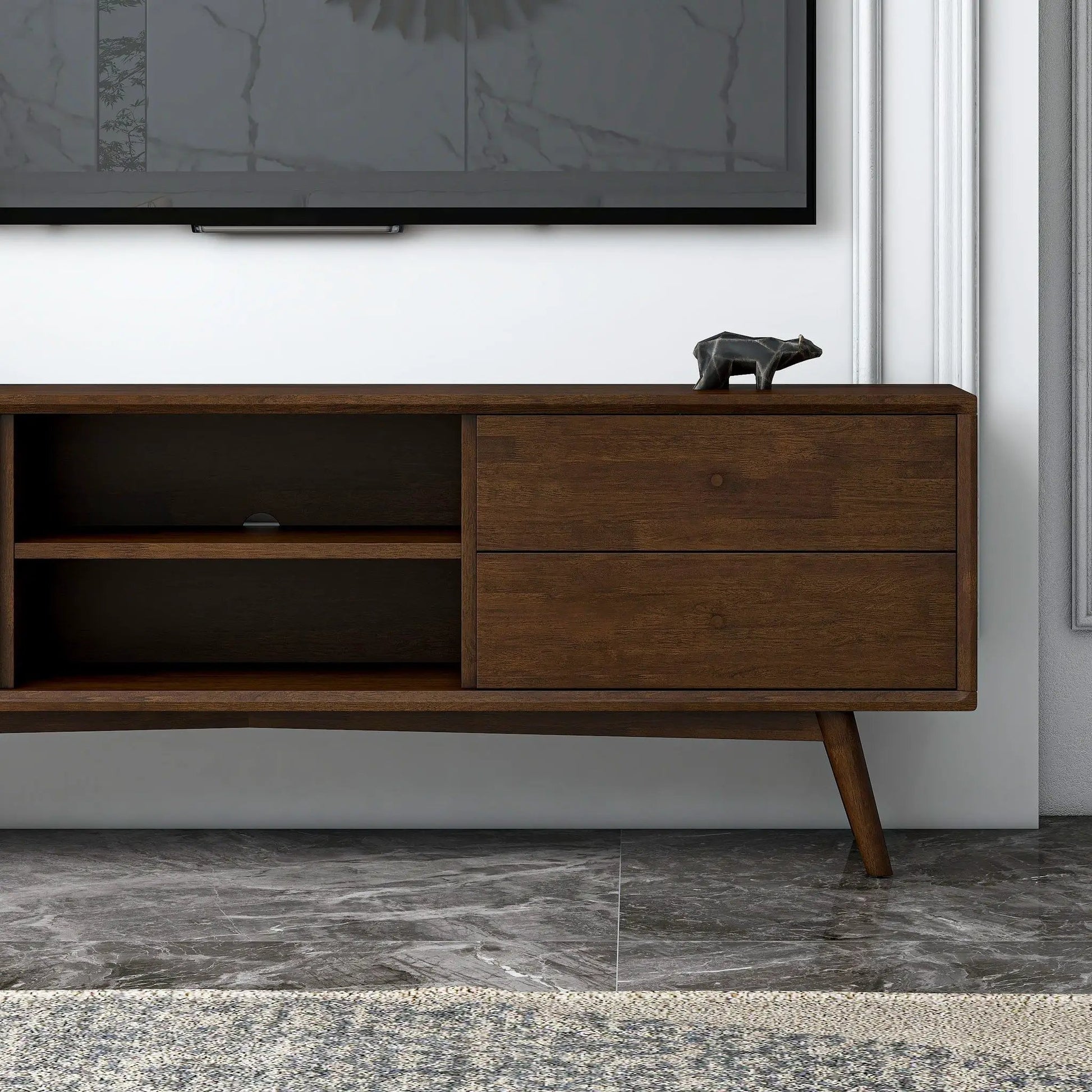 Caroline modern TV stand up to 72in with dark walnut finish, open shelf and two drawers by Unique Piece Furniture on Tampa Home & Garden Store