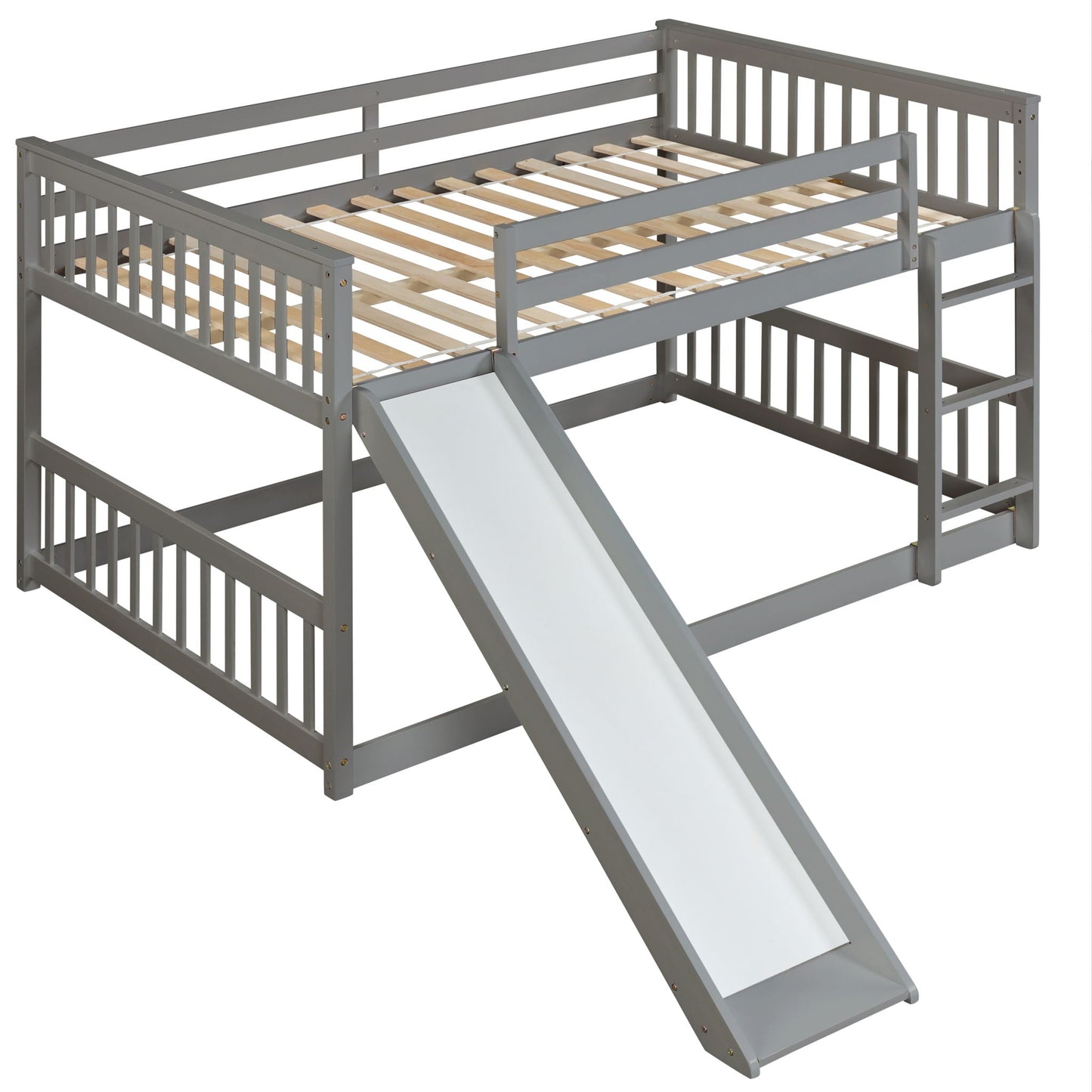 Bunk bed with slide and ladder by HouseOfZazla, gray metal frame with wooden slat supports on Tampa Home & Garden Store
