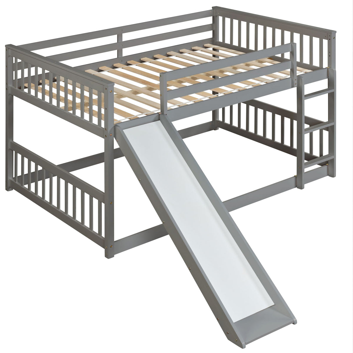 Bunk bed with slide and ladder by HouseOfZazla, gray metal frame with wooden slat supports on Tampa Home & Garden Store