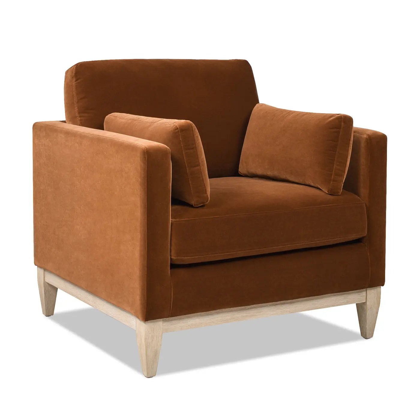 Knox Modern Farmhouse Arm Chair in caramel velvet with light oak legs on Tampa Home & Garden Store