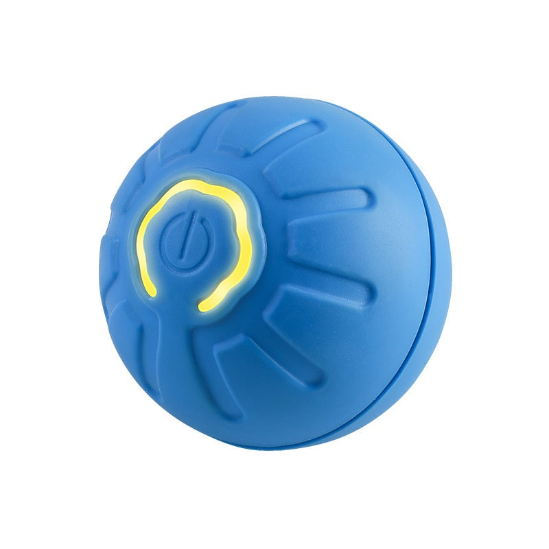 Smart Dog Toy Ball blue rubber ball with a yellow power-button ring on Tampa Home & Garden Store