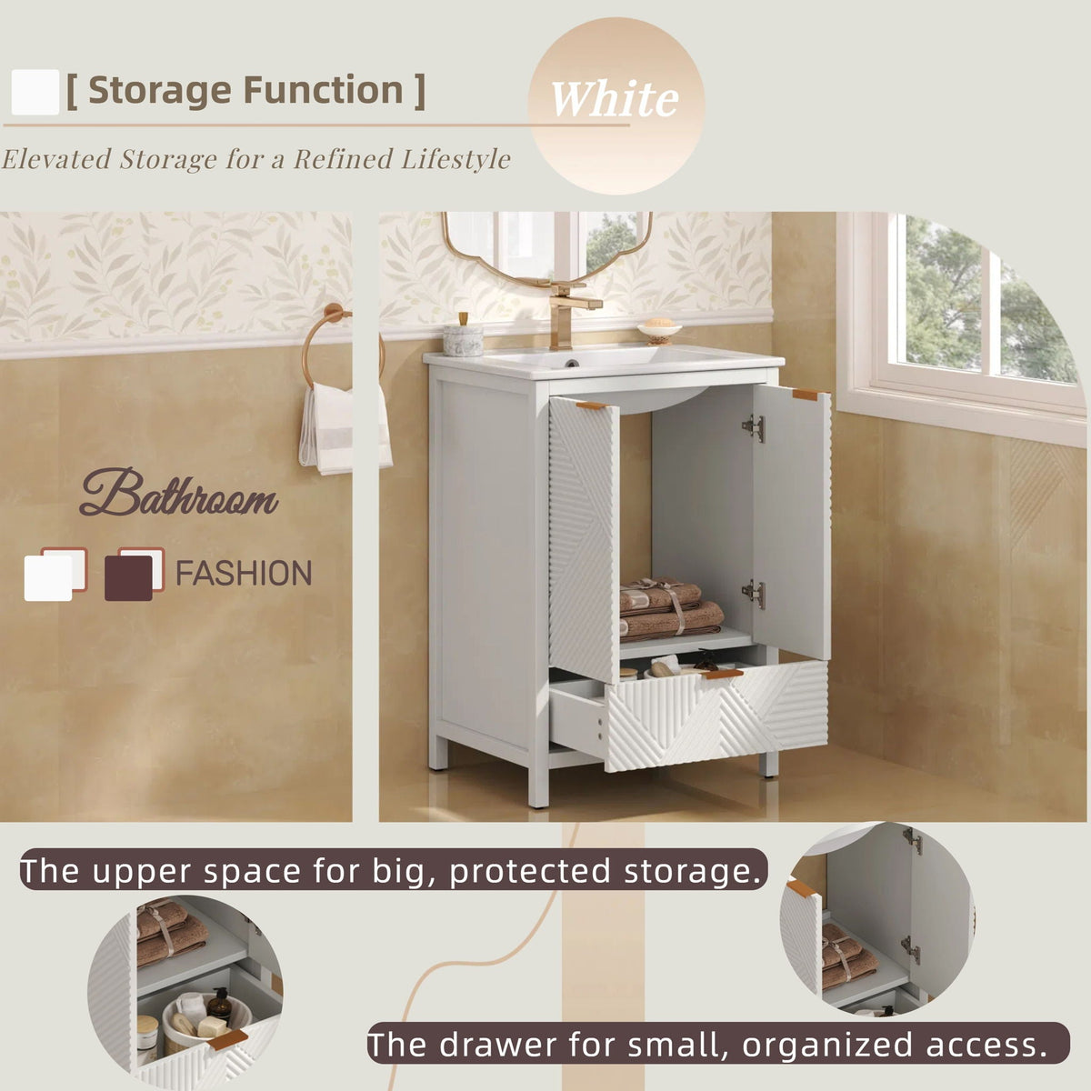 White modern bathroom vanity with sink, compact storage, ribbed doors, gold faucet HouseOfZazla on Tampa Home & Garden Store