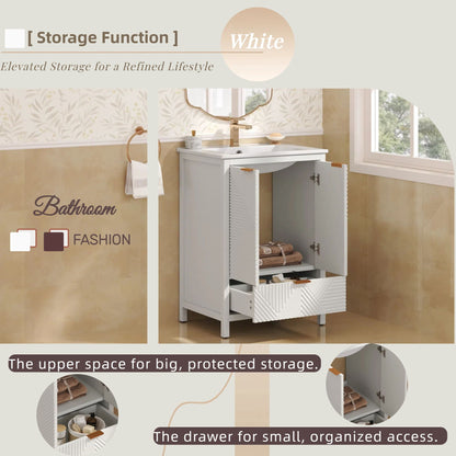 White modern bathroom vanity with sink, compact storage, ribbed doors, gold faucet HouseOfZazla on Tampa Home & Garden Store