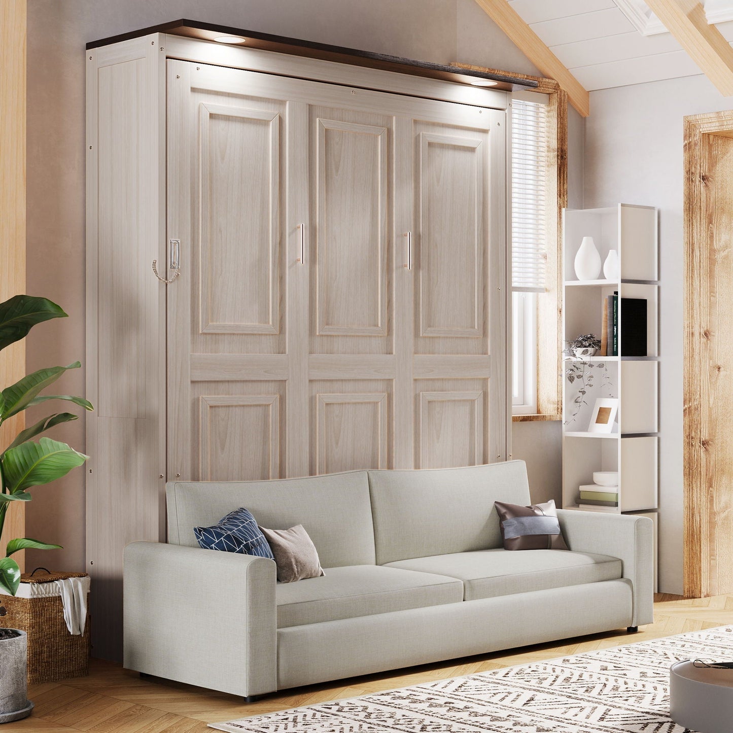 Queen Size Murphy Bed and Sofa with Led Beige