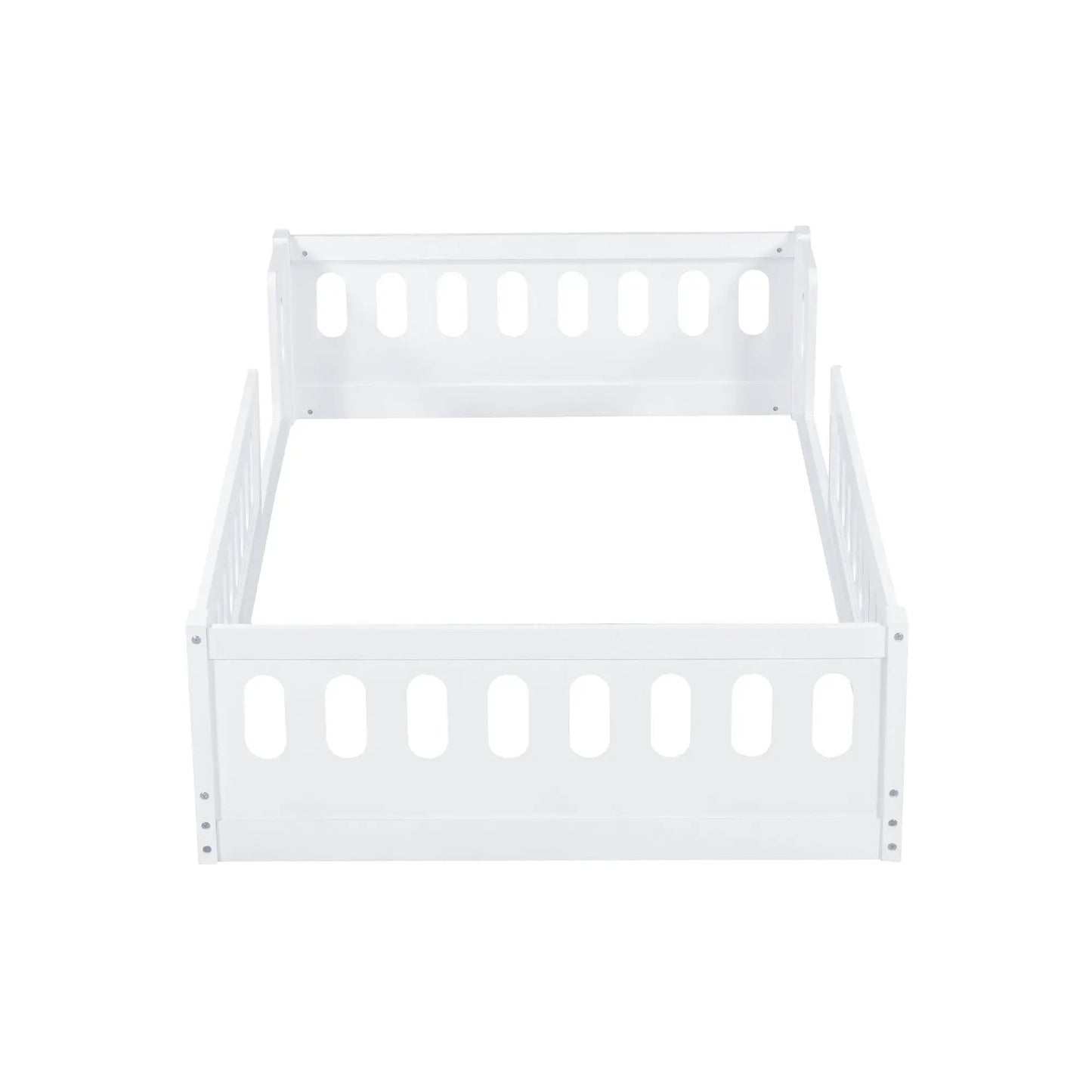 Platform bed with guardrail, white finish and oval cutout headboard panels on Tampa Home & Garden Store