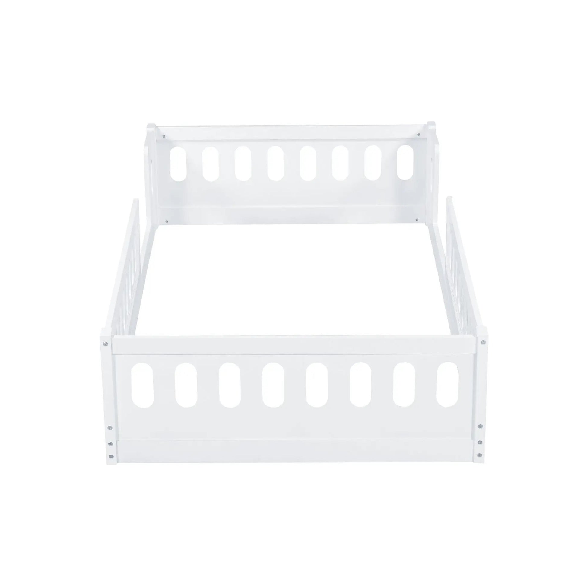 Platform bed with guardrail, white finish and oval cutout headboard panels on Tampa Home & Garden Store