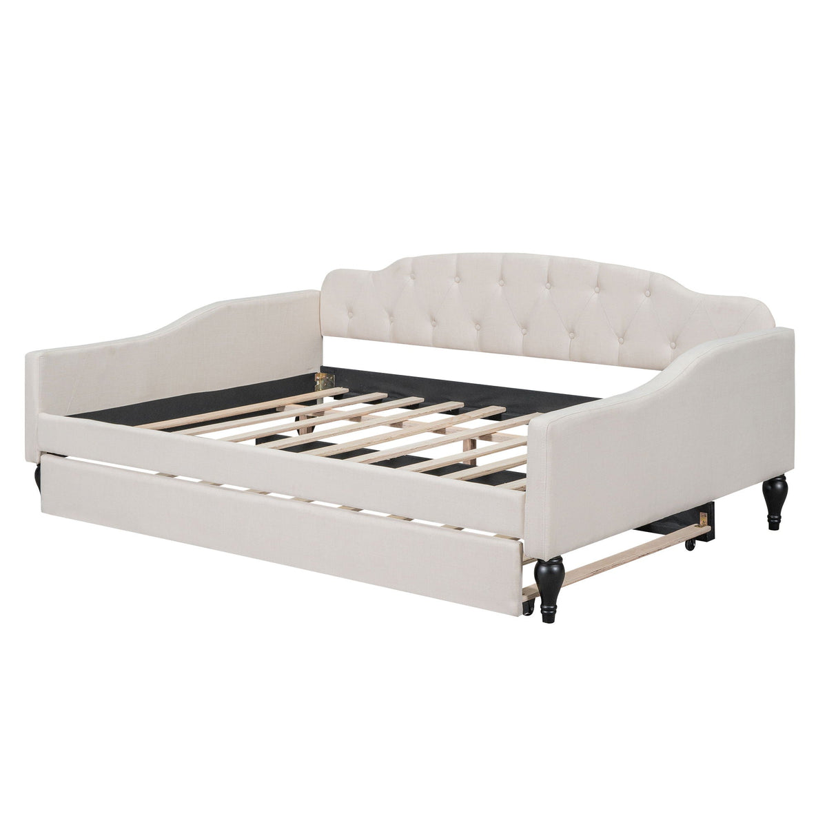 Upholstered tufted daybed in light beige fabric with curved back and arms, slatted base visible on Tampa Home & Garden Store