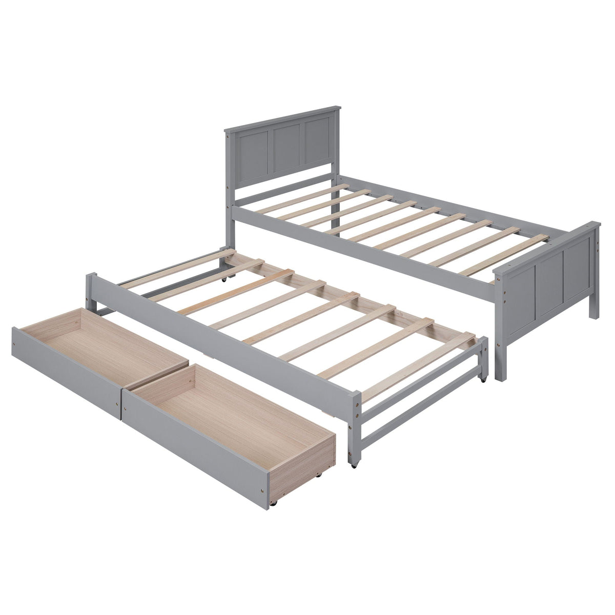 Platform bed with trundle and drawers in grey finish, panel headboard and slatted supports on Tampa Home & Garden Store