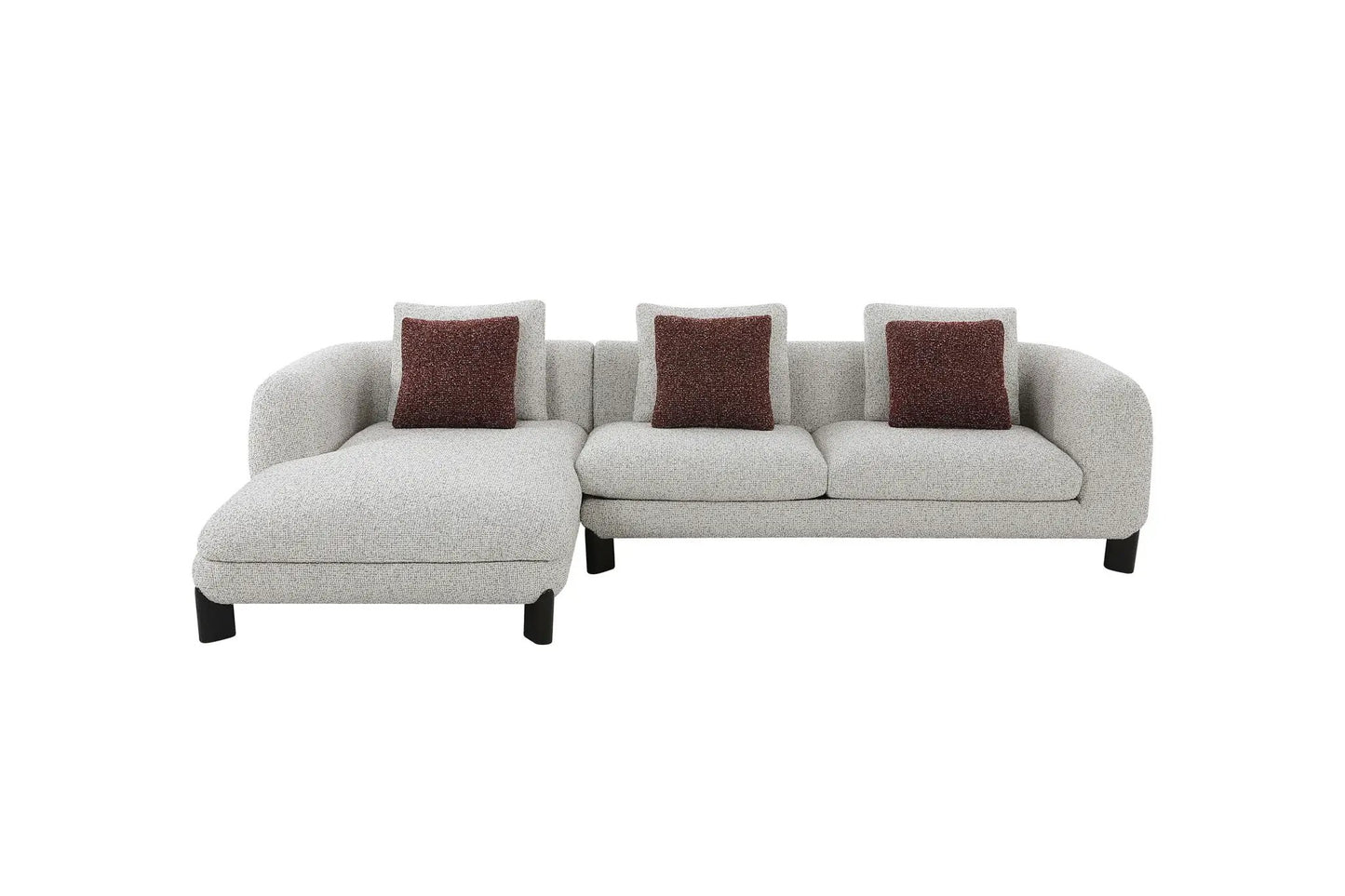 Mardi Tweed sectional sofa with 3 maroon pillows in beige tweed by Unique Piece Furniture on Tampa Home & Garden Store