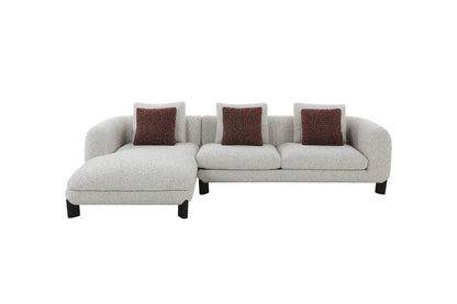 Mardi Tweed sectional sofa with 3 maroon pillows in beige tweed by Unique Piece Furniture on Tampa Home & Garden Store