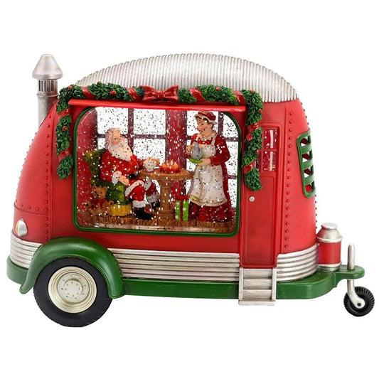 Christmas resin camper with Mr & Mrs Santa, LED tea time water spinning, red and green on Tampa Home & Garden Store