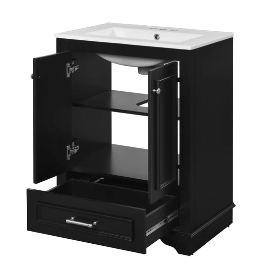 Bathroom vanity with ceramic sink combo, black freestanding cabinet with silver handles on Tampa Home & Garden Store