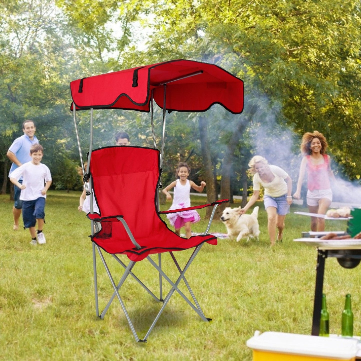 GemGear red foldable beach canopy chair with sun canopy, cup holder, folding steel frame on Tampa Home & Garden Store