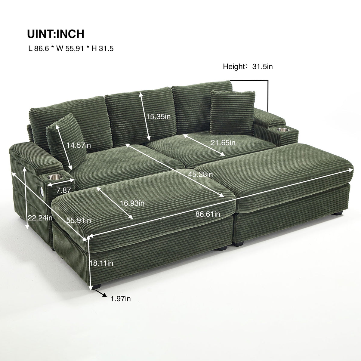 Convertible sectional sofa bed set HouseOfZazla, green with armrest storage, USB, 4 seater on Tampa Home & Garden Store