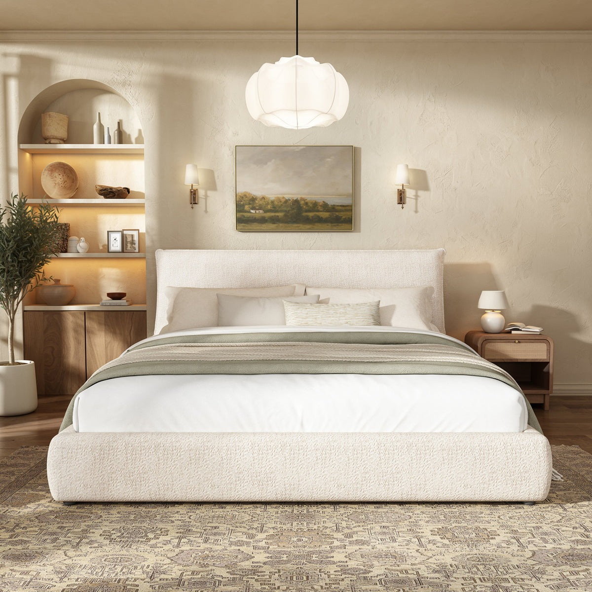 Upholstered platform bed frame with oversized plush pillow headboard beige by HouseOfZazla on Tampa Home & Garden Store