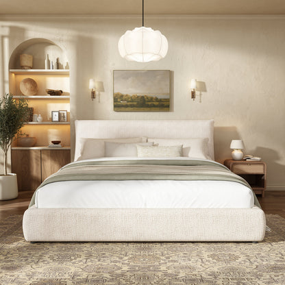 Upholstered platform bed frame with oversized plush pillow headboard beige by HouseOfZazla on Tampa Home & Garden Store
