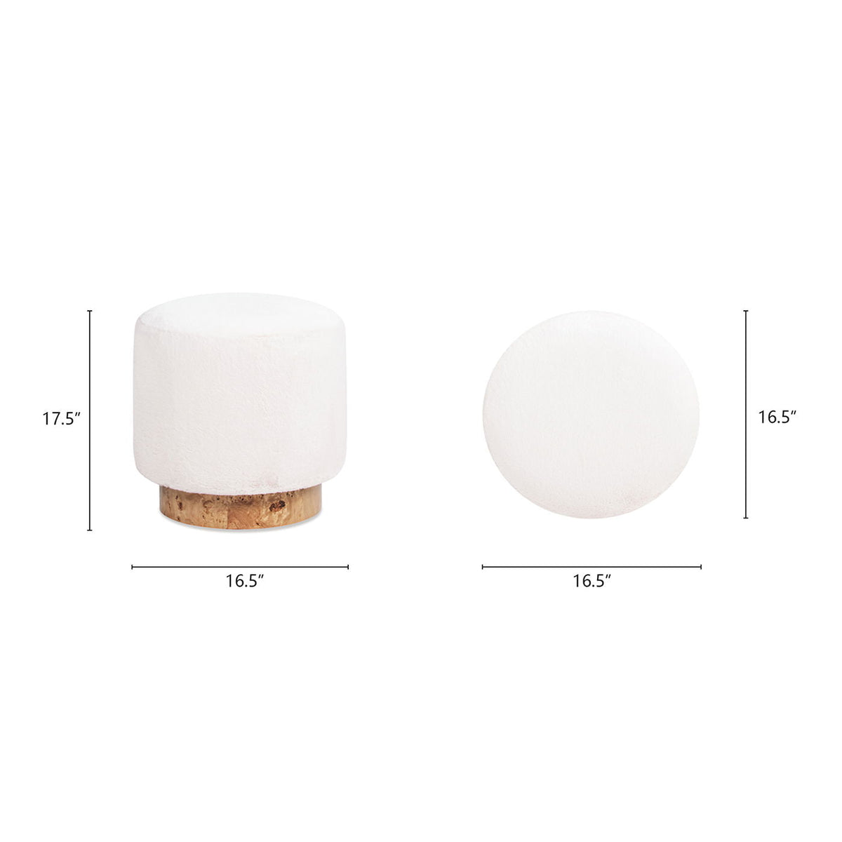 Round fur upholstered pouf ottoman with burl base in white; 2 views shown on Tampa Home & Garden Store