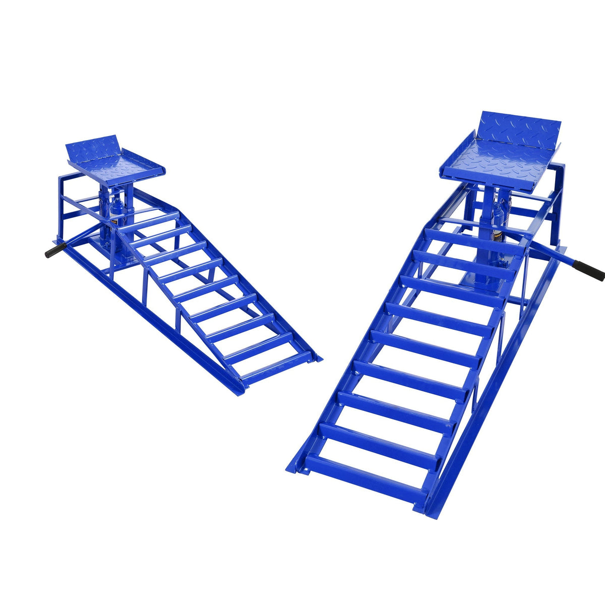 Two blue Suxidi 5-ton hydraulic auto car lifts with diamond-plate ramps on Tampa Home & Garden Store