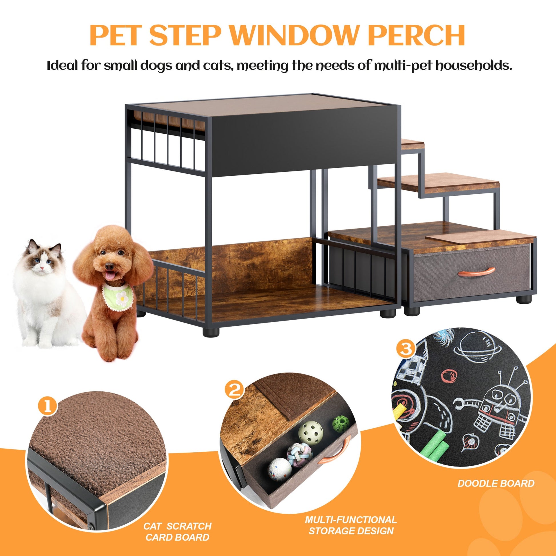 Pet Step Window Perch for Dogs by HouseOfZazla, gray metal frame and wood steps, dog and cat on Tampa Home & Garden Store