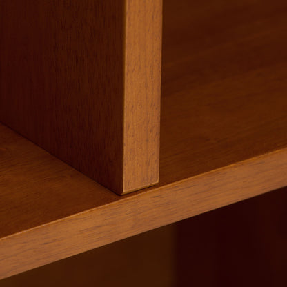 Mid Century Wide Bookcase and Storage Drawers by HouseOfZazla; warm brown wood edge close-up on Tampa Home & Garden Store