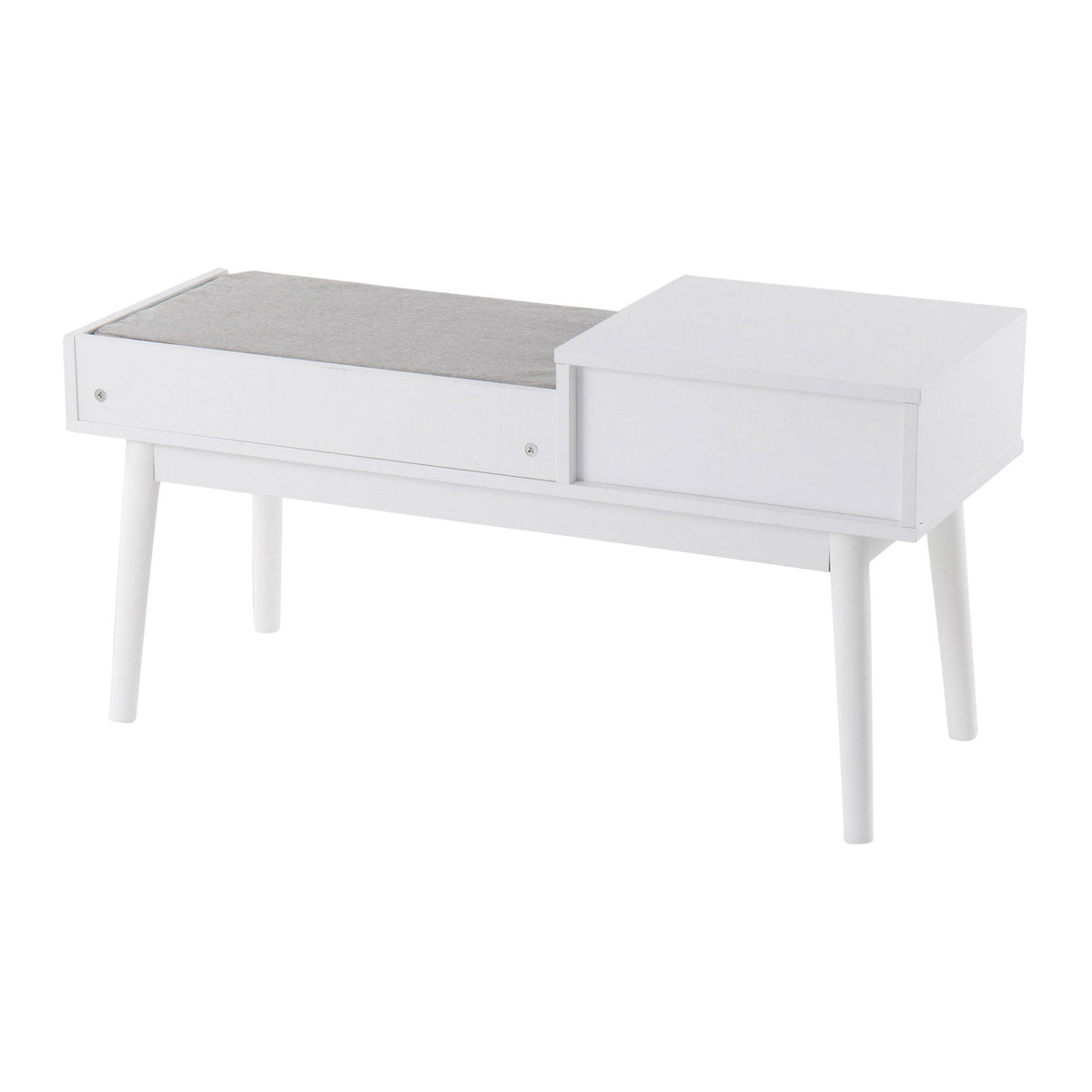 Upholstered bench with pull-out drawer in white finish and gray cushion HouseOfZazla on Tampa Home & Garden Store