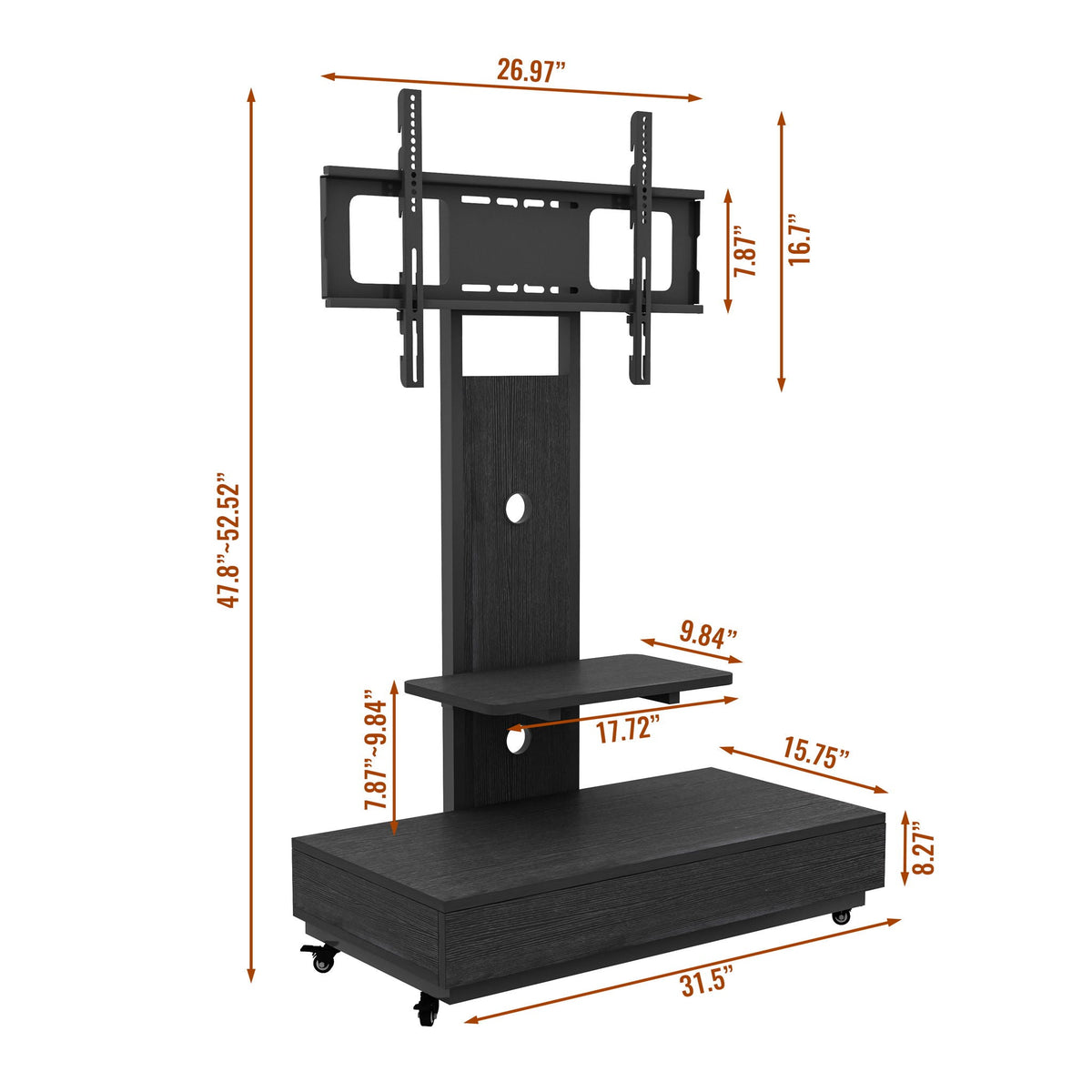 Mobile TV Cart by HouseOfZazla, black rolling TV stand with lockable wheels and push-pull drawer on Tampa Home & Garden Store
