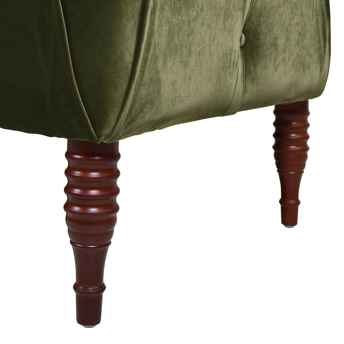 Tufted roll-arm chaise lounge in dark green velvet with turned wood legs on Tampa Home & Garden Store