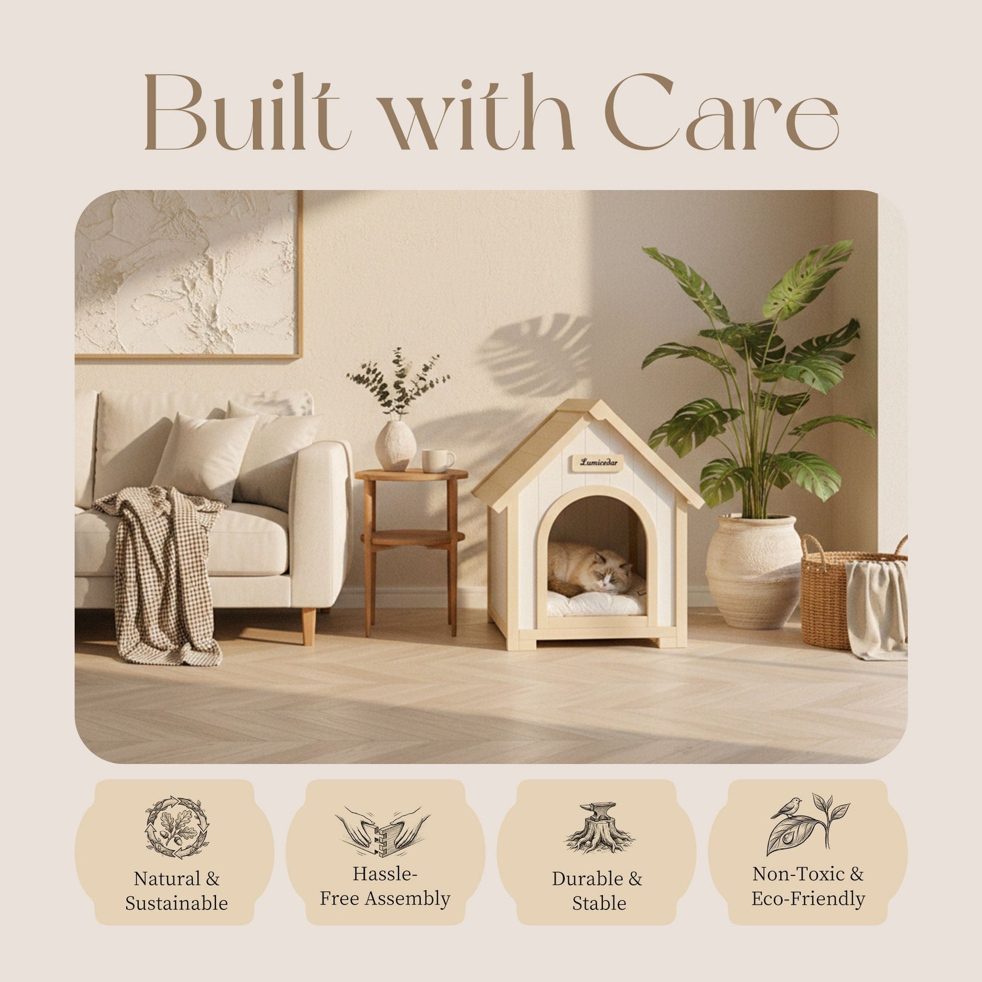 Indoor Dog House with Cushion for Small Dogs & Cats, Creamy White & Light Yellow, wooden pet home on Tampa Home & Garden Store