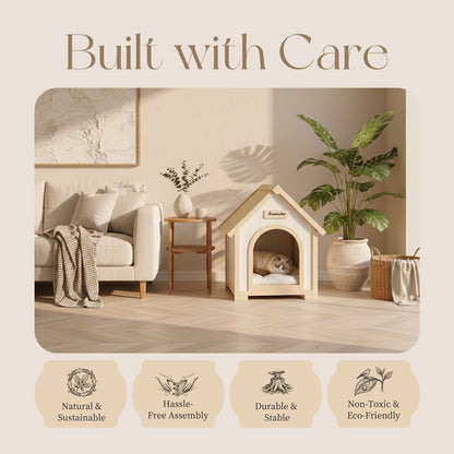 Indoor Dog House with Cushion for Small Dogs & Cats, Creamy White & Light Yellow, wooden pet home on Tampa Home & Garden Store