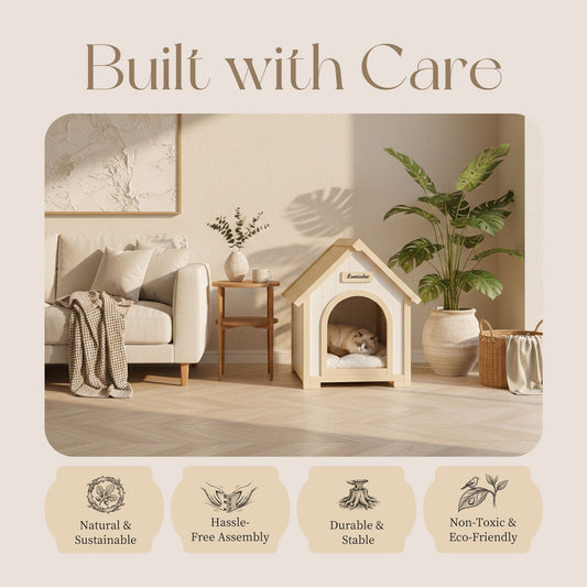 Indoor Dog House with Cushion for Small Dogs & Cats, Creamy White & Light Yellow, wooden pet home on Tampa Home & Garden Store