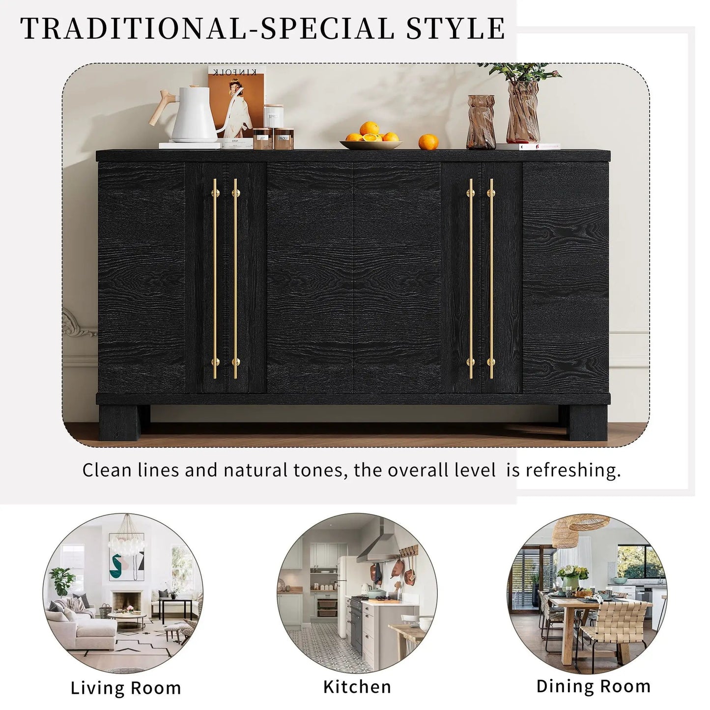 Sideboard with adjustable shelves in black textured wood with gold handles on Tampa Home & Garden Store