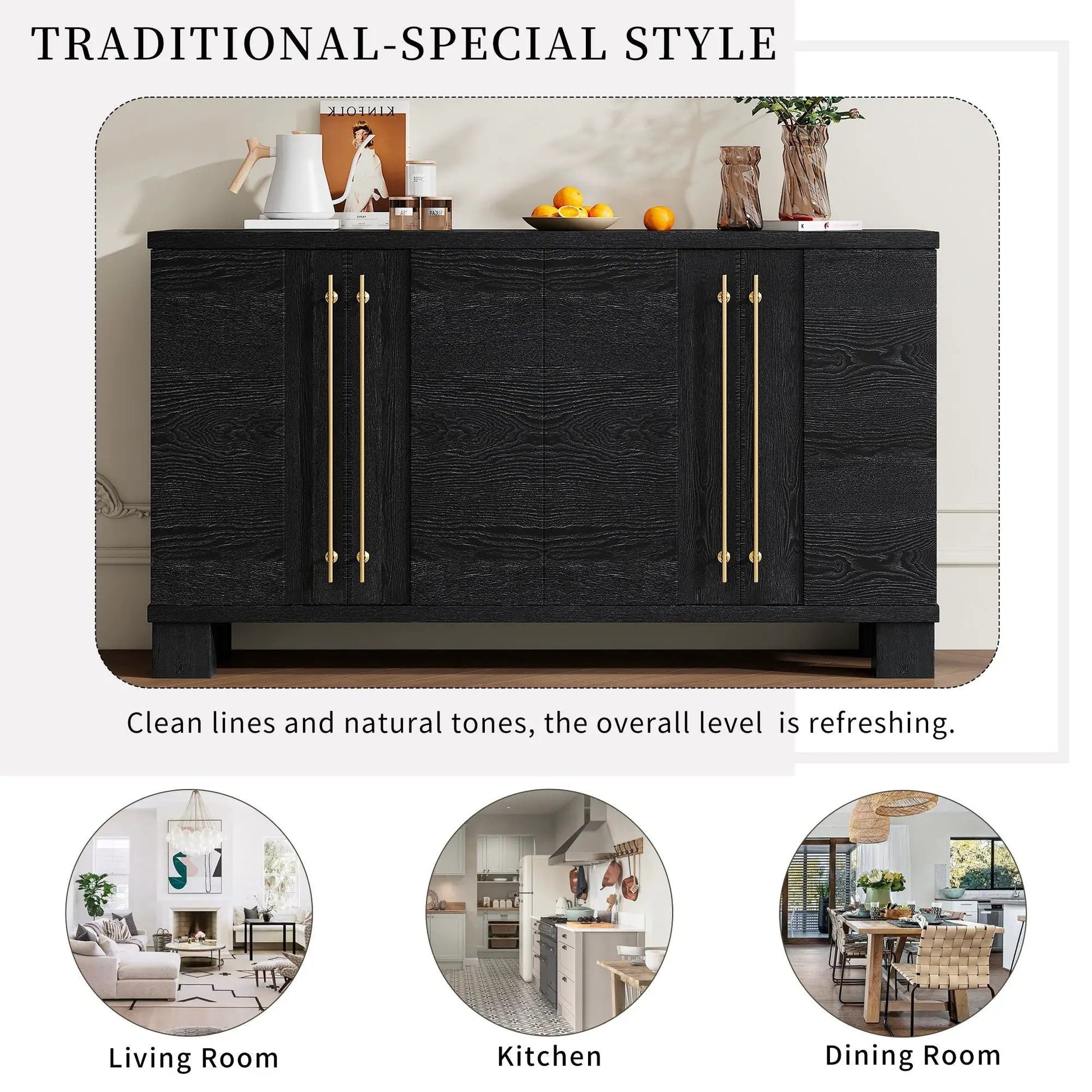 Sideboard with adjustable shelves in black textured wood with gold handles on Tampa Home & Garden Store
