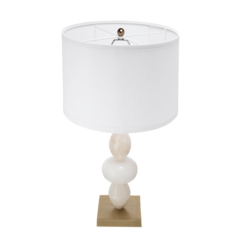 Table lamp D14x26.3in with white fabric shade and stacked ceramic spheres on a brass square base HouseOfZazla on Tampa Home & Garden Store