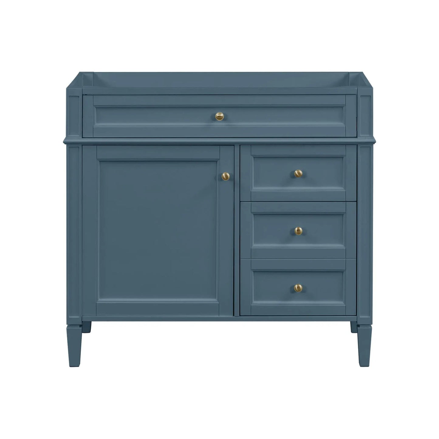 Blue bathroom vanity base with 2 drawers and a tip-out drawer, brass knobs and doors on Tampa Home & Garden Store