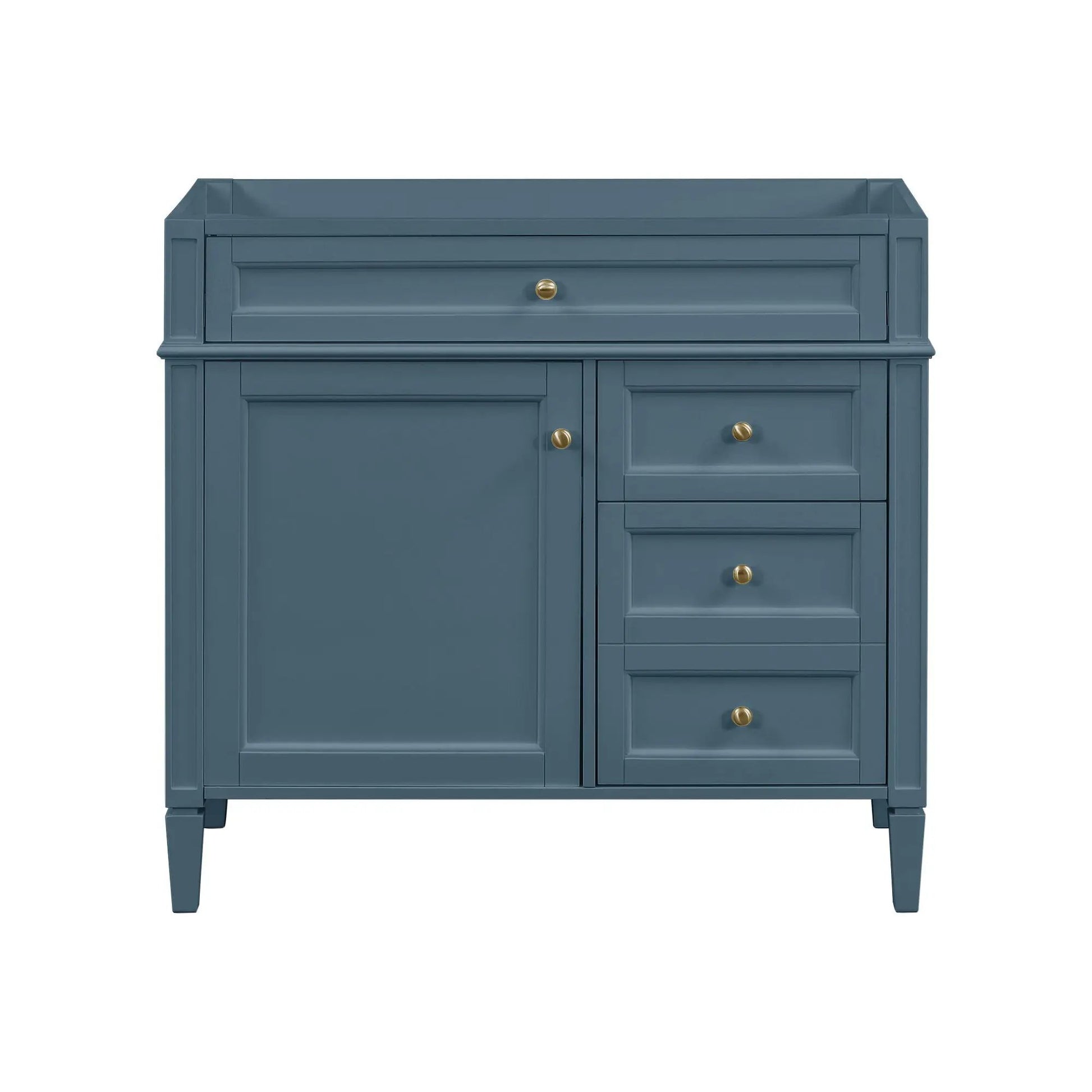 Blue bathroom vanity base with 2 drawers and a tip-out drawer, brass knobs and doors on Tampa Home & Garden Store