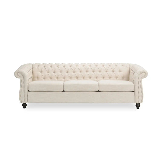 Chesterfield style 3 seater sofa HouseOfZazla cream tufted fabric with deep button tufting arms on Tampa Home & Garden Store