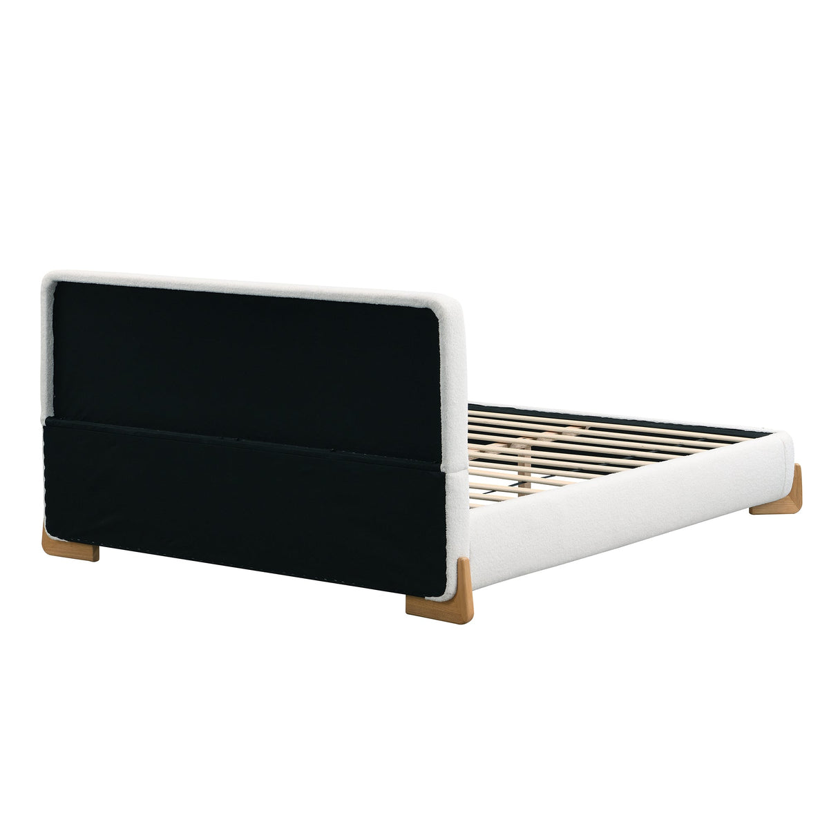 Elegant Boucle Upholstered Bed Queen Size with black headboard and white frame, wood legs on Tampa Home & Garden Store