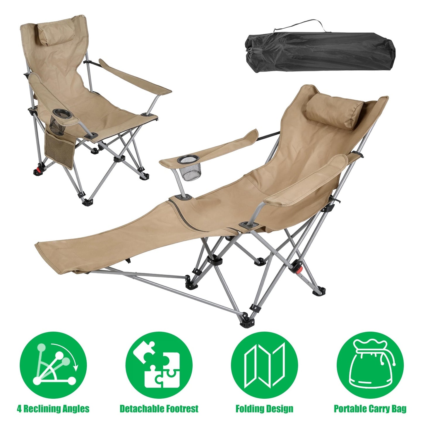 GemGear beige reclining camping chair with footrest and headrest cupholder folding design on Tampa Home & Garden Store