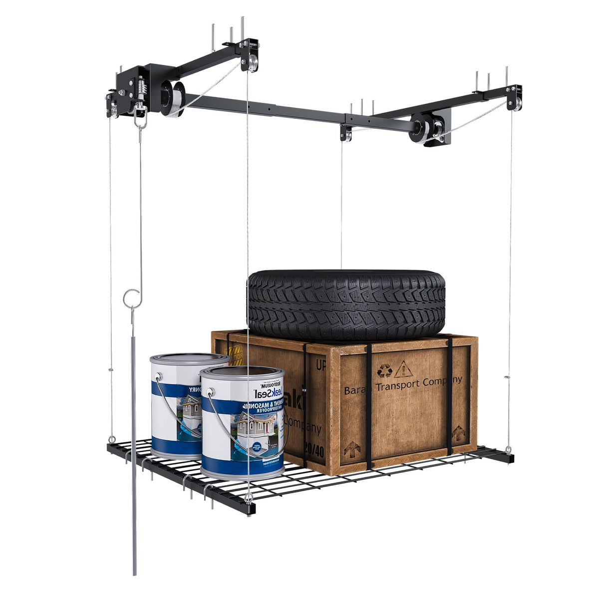 Overhead garage rack with crank system in black, pulleys; stores 2 tires and 2 paint cans on Tampa Home & Garden Store