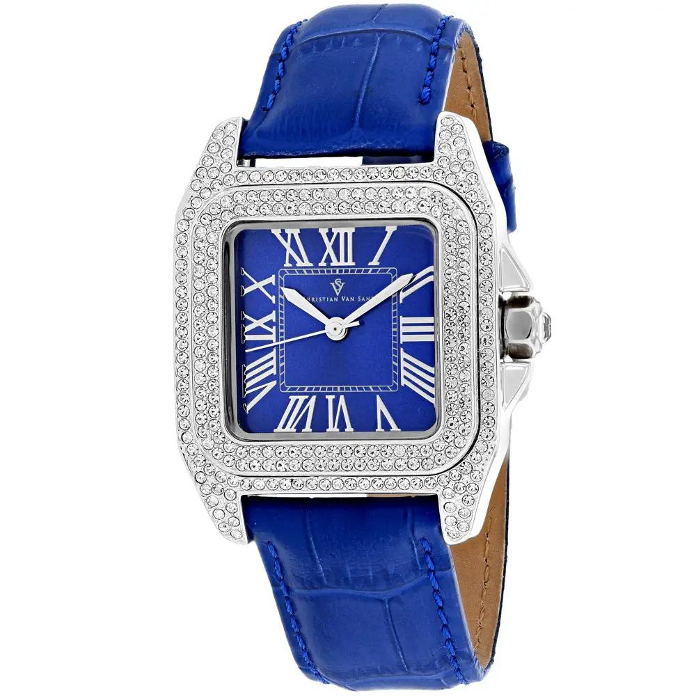 Christian Van Sant blue dial watch with diamond-studded square bezel and leather strap on Tampa Home & Garden Store