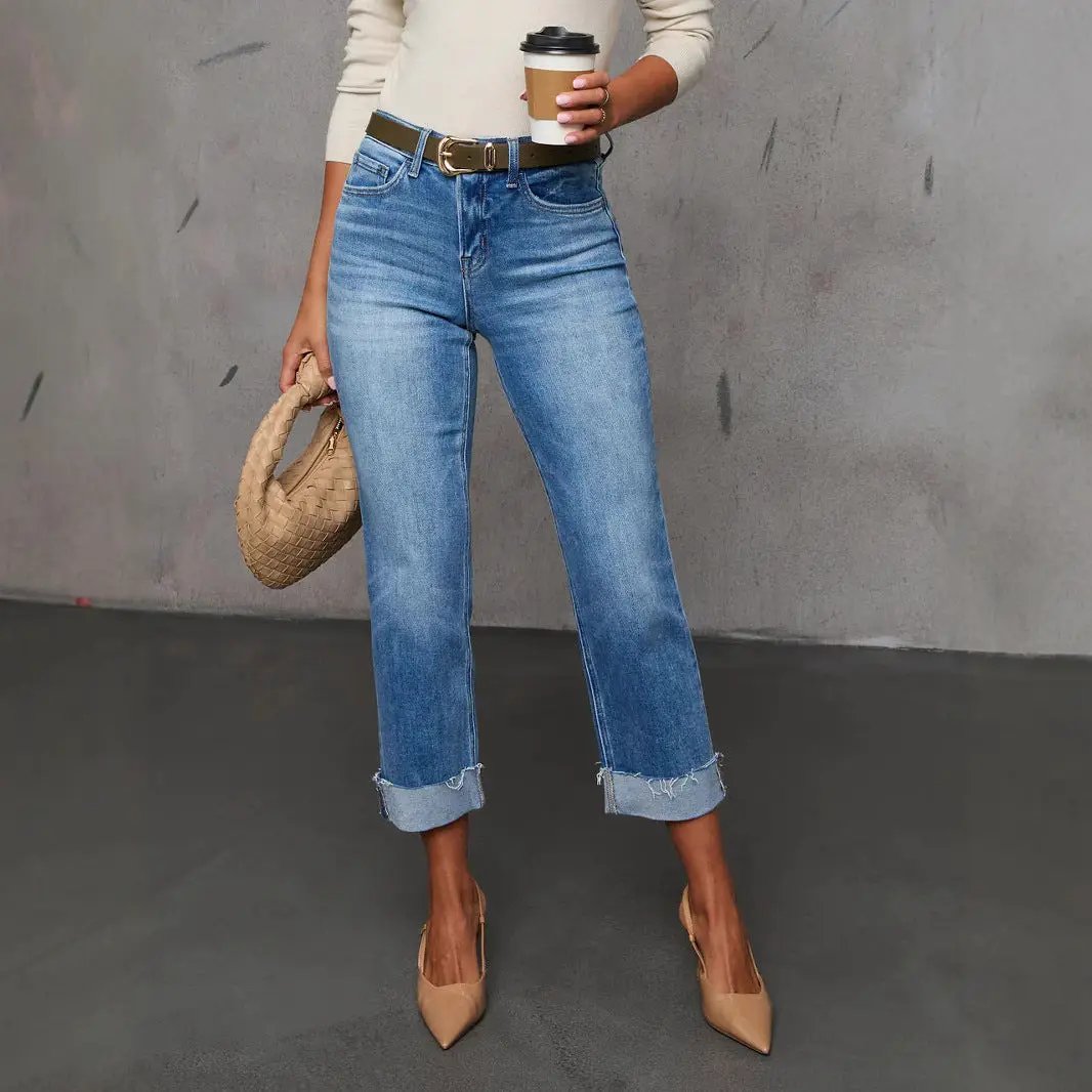 Cuffed Capri Pants blue denim, stretchy whiskered fade, rolled cuffs and belt on Tampa Home & Garden Store