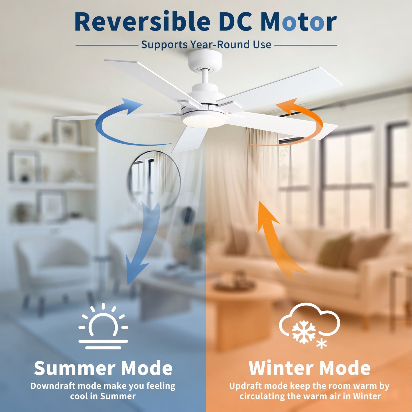 Ceiling fan with reversible DC motor, integrated LED dimmable light, white finish on Tampa Home & Garden Store