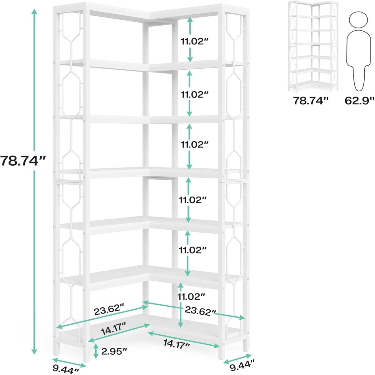 7 Tier Corner Bookshelf with Hexagonal Design by HouseOfZazla, white finish, bookcase on Tampa Home & Garden Store